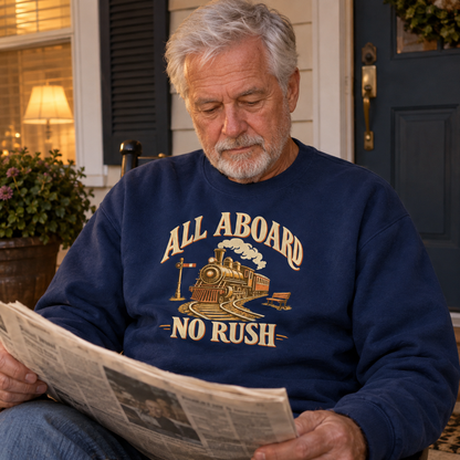 Navy vintage sweatshirt with printed All Aboard No Rush train design worn by senior man reading.