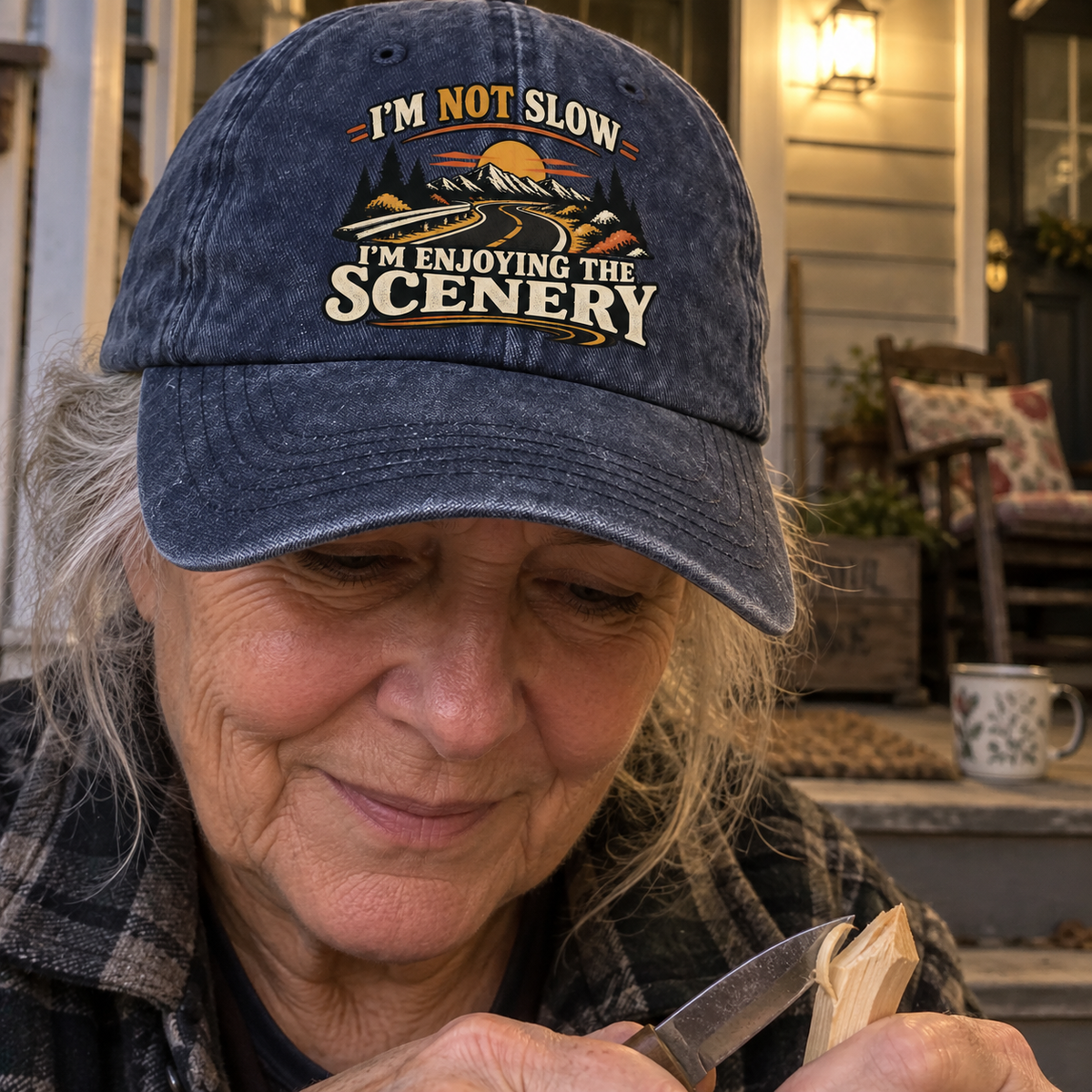 Senior woman wears vintage washed cap printed I'm Not Slow I'm Enjoying The Scenery