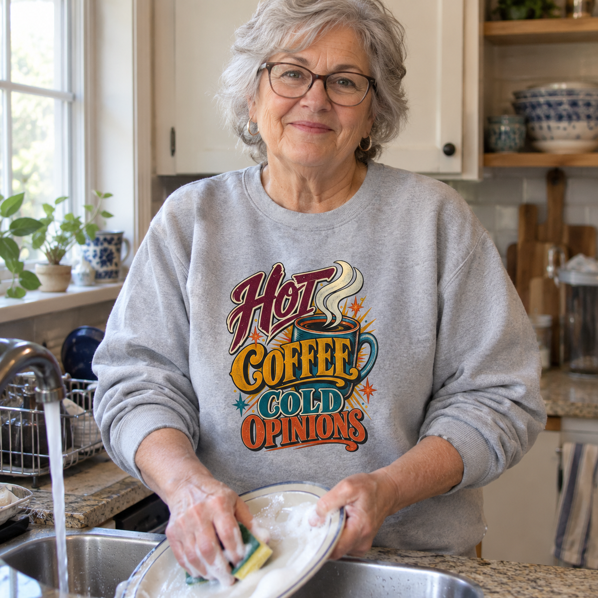 Senior woman wearing gray vintage sweatshirt with printed Hot Coffee Cold Opinions design in kitchen