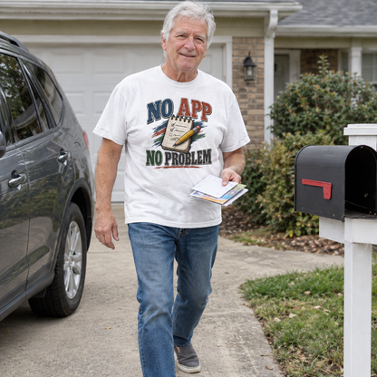 Senior man wearing white vintage t-shirt with No App No Problem printed design outdoors