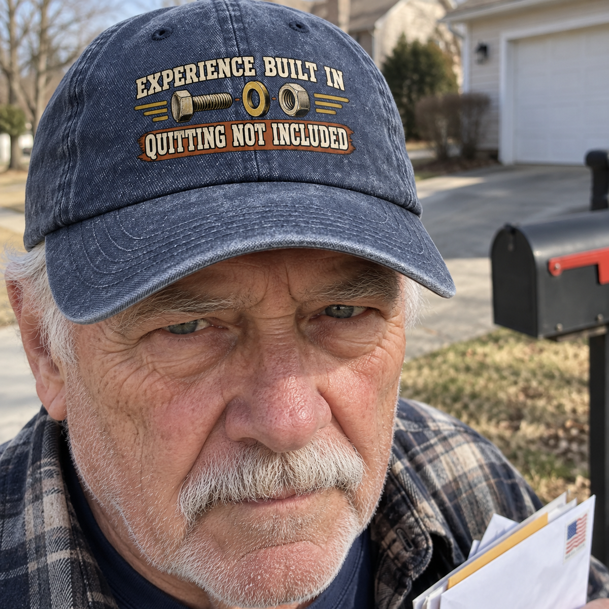 Senior man outdoors wearing blue vintage washed cap printed Experience Built In Quitting Not Included