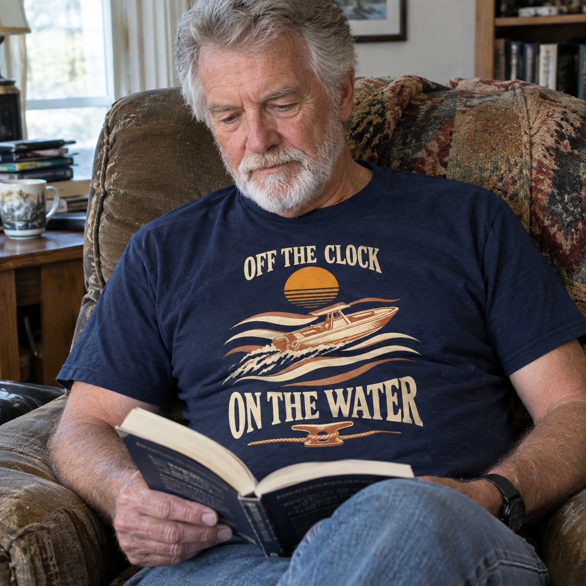 Senior man wearing navy vintage t-shirt with printed boat slogan Off The Clock