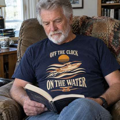 Senior man wearing navy vintage t-shirt with printed boat slogan Off The Clock