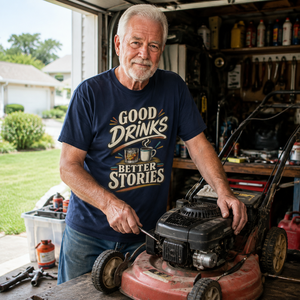 Navy vintage t-shirt with printed “Good Drinks Better Stories,” worn by senior man in garage.