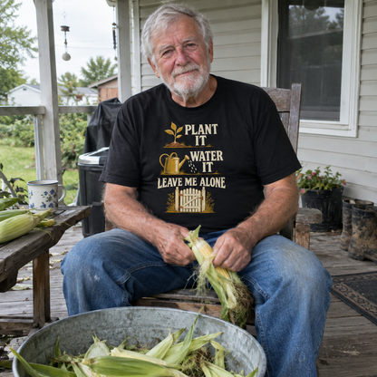 Black t-shirt with printed Plant It Water It Leave Me Alone slogan, worn by senior