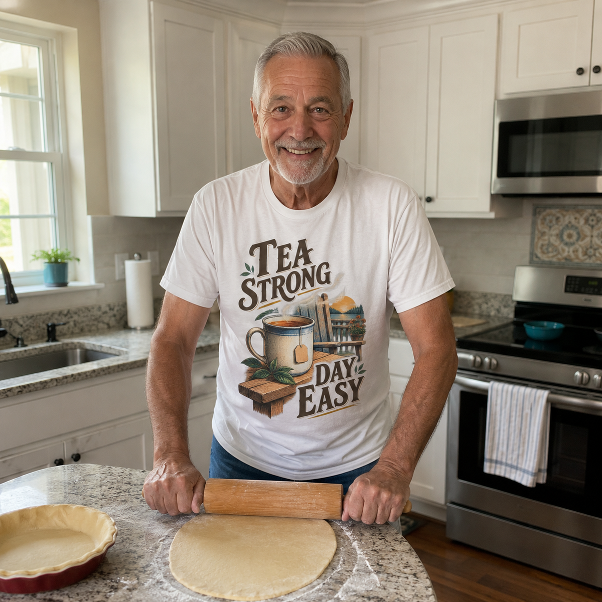Senior man wearing white vintage t-shirt with Tea Strong Day Easy printed design in kitchen