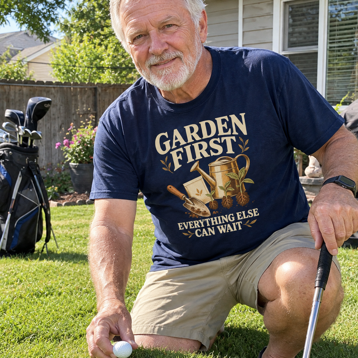 Senior wearing vintage t-shirt with Garden First. Everything Else Can Wait printed design
