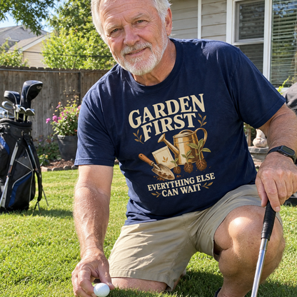 Senior wearing vintage t-shirt with Garden First. Everything Else Can Wait printed design