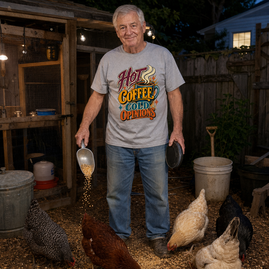 Senior man wearing gray vintage t-shirt with printed “Hot Coffee Cold Opinions” slogan, feeding chickens