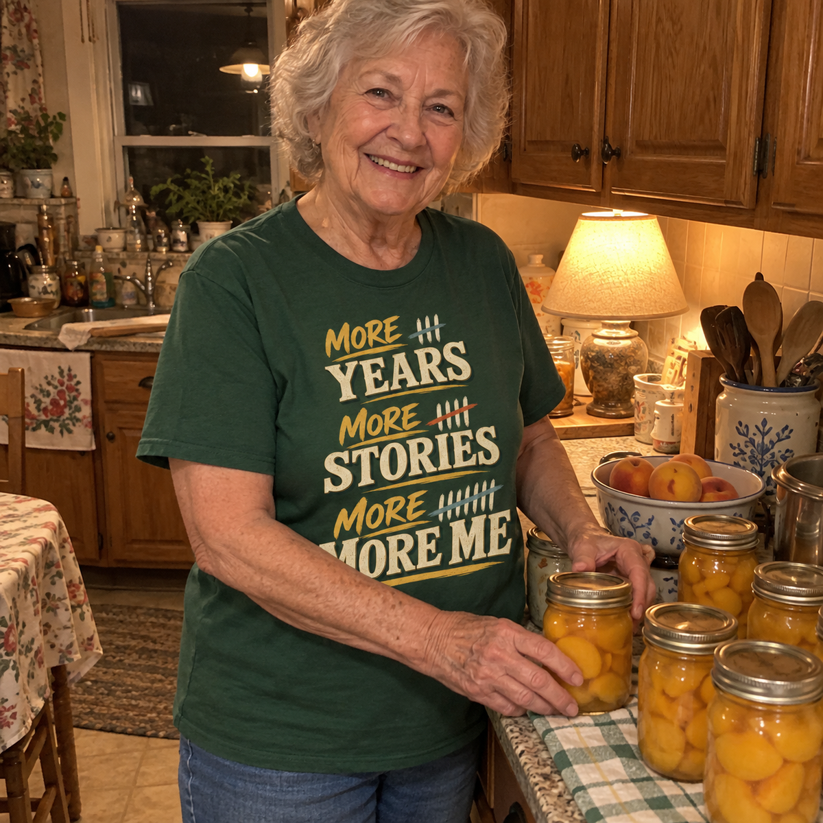 Senior woman wearing green vintage t-shirt printed More Years More Stories More Me in kitchen