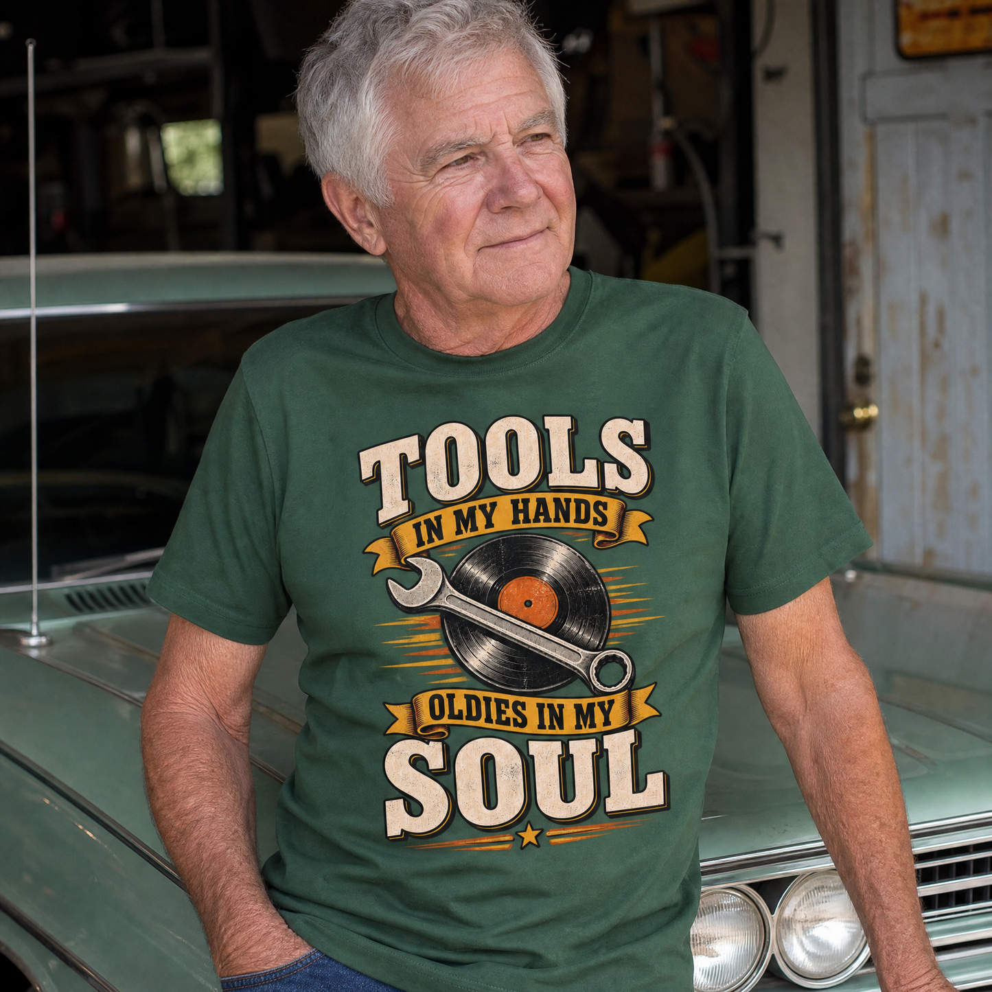 Vintage t-shirt with printed 34 tools in my hands oldies in my soul design