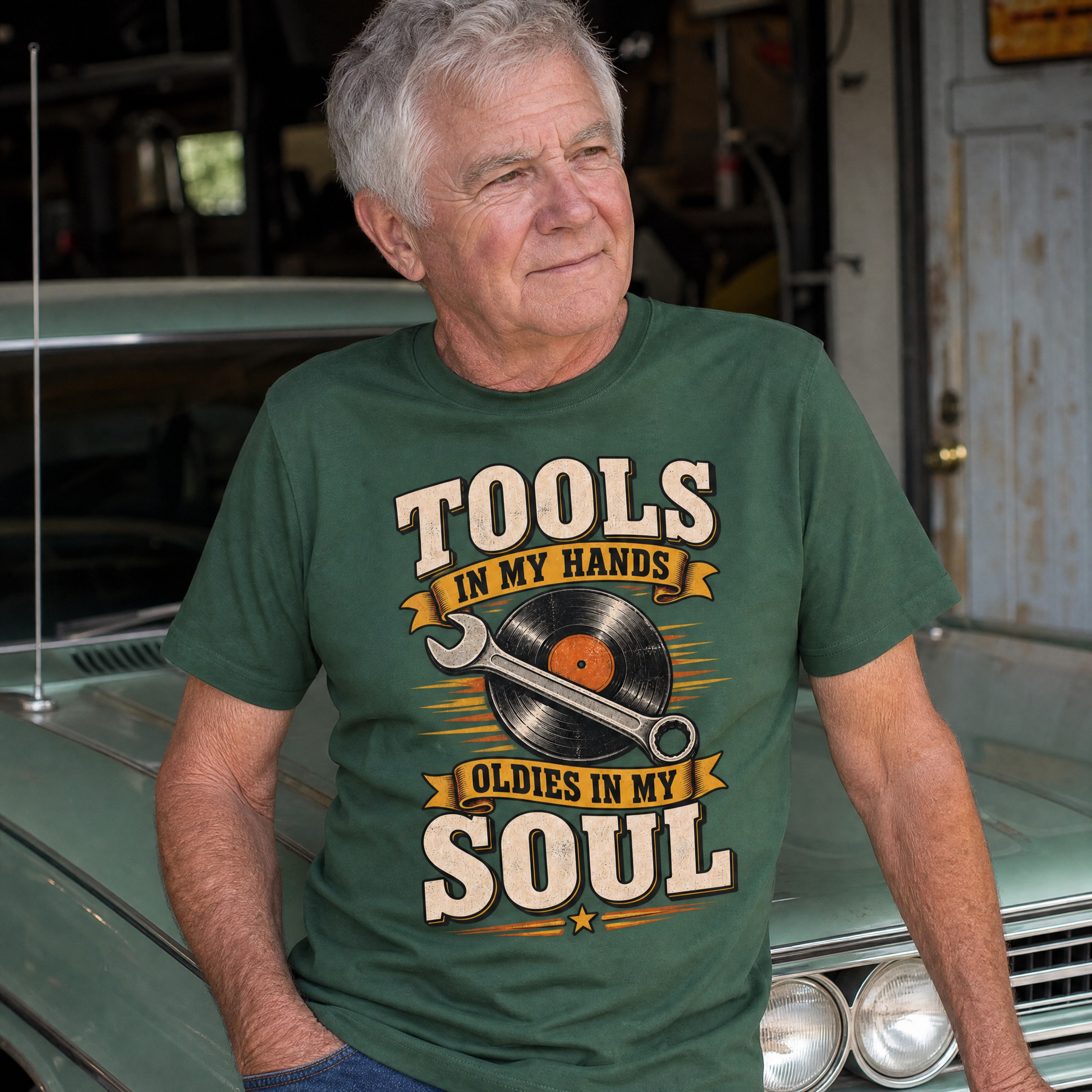 Vintage t-shirt with printed 34 tools in my hands oldies in my soul design