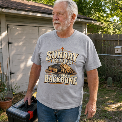 Senior man wearing gray vintage t-shirt with printed Sunday Values Everyday Backbone design outdoors