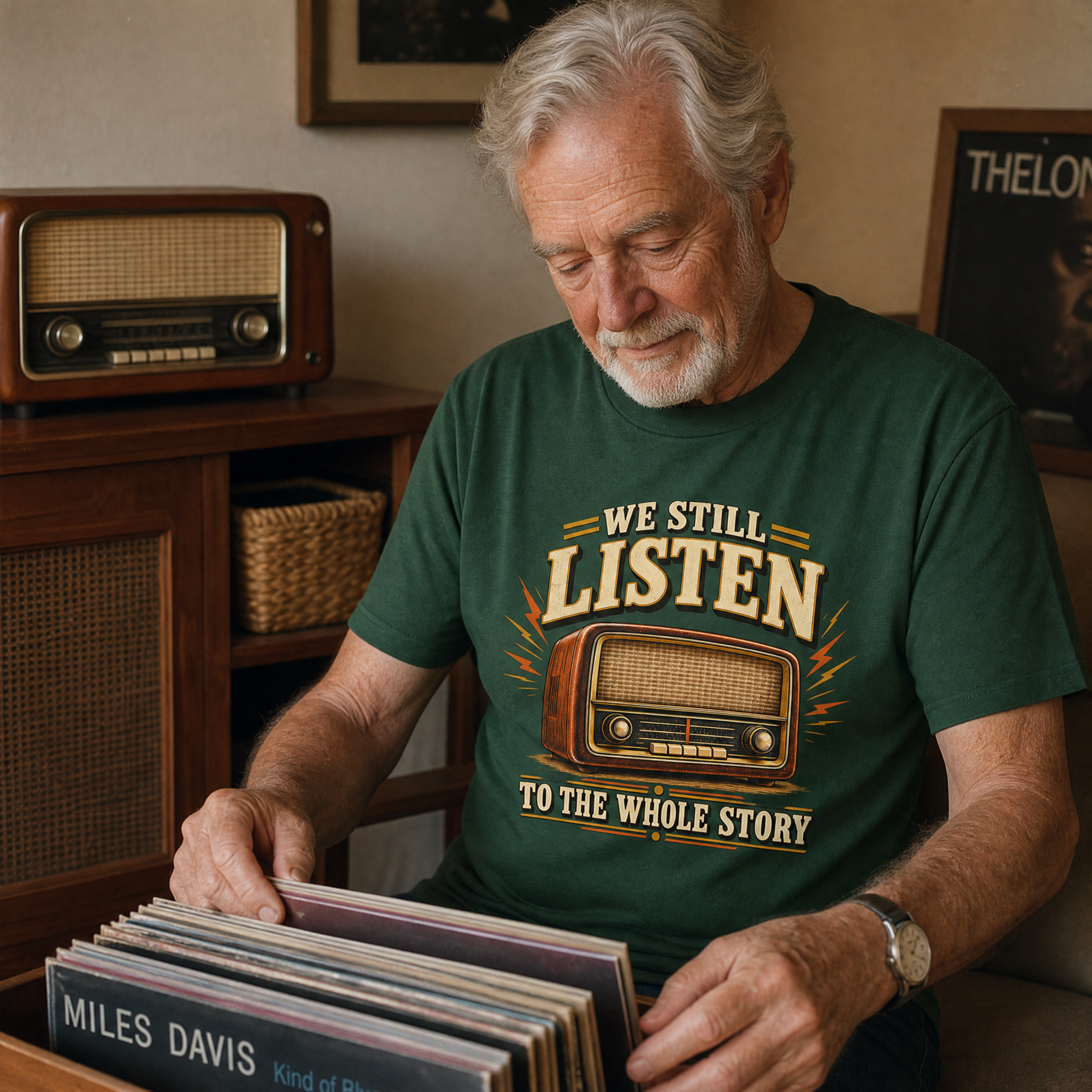 Senior man wearing green vintage t-shirt with printed We Still Listen slogan in retro room