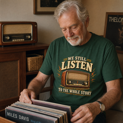 Senior man wearing green vintage t-shirt with printed We Still Listen slogan in retro room