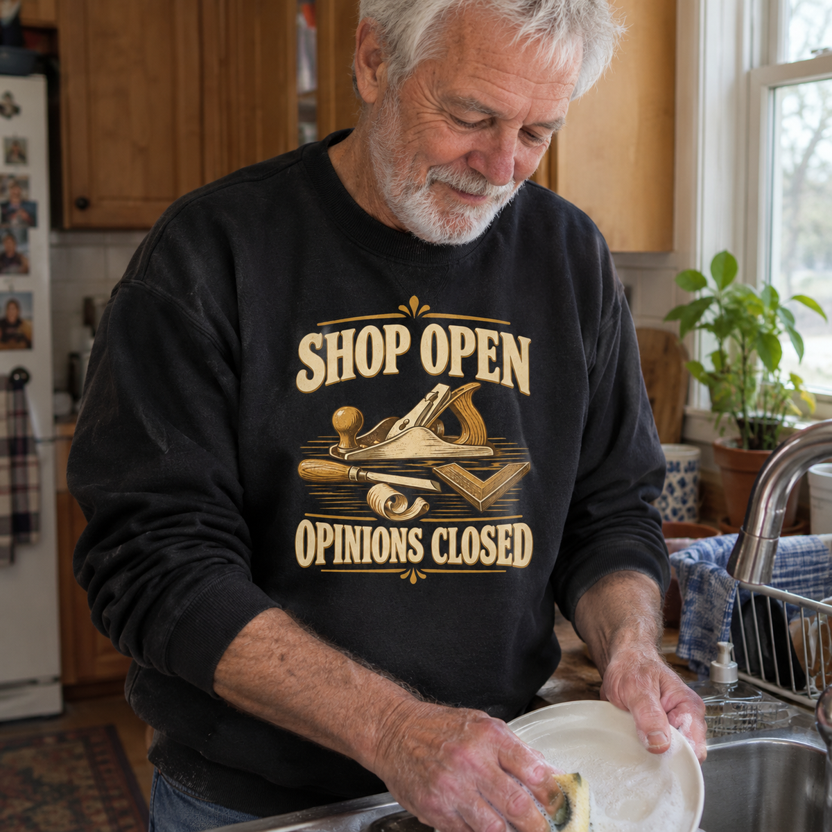 Senior man wears black vintage sweatshirt printed Shop Open Opinions Closed while washing dishes.