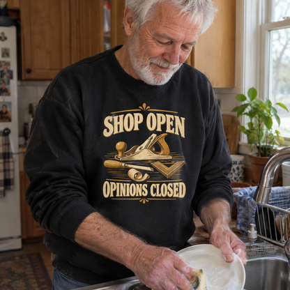 Senior man wears black vintage sweatshirt printed Shop Open Opinions Closed while washing dishes.