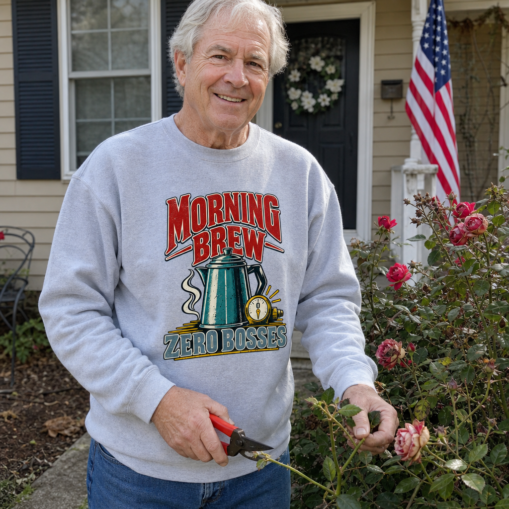 Senior man wearing gray vintage sweatshirt with Morning Brew. Zero Bosses print, gardening outdoors