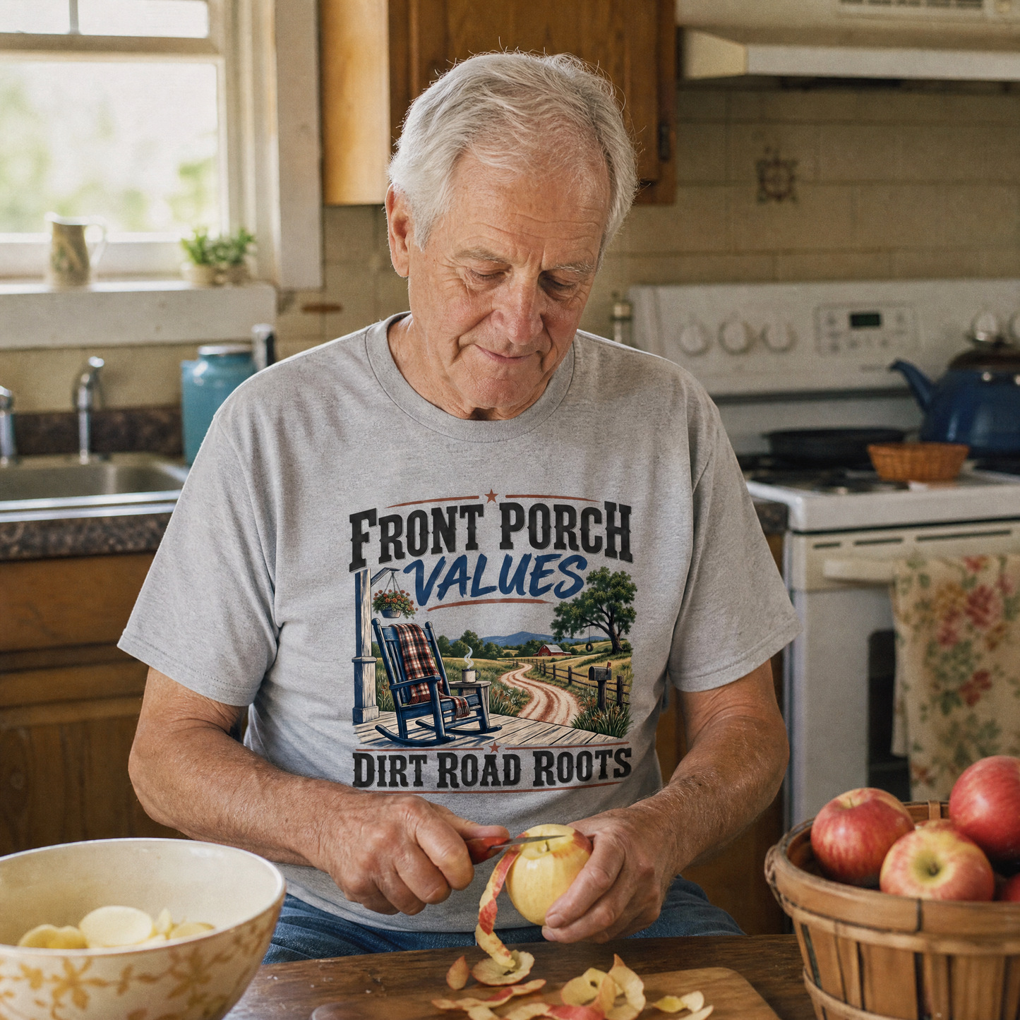 Front porch values dirt road roots vintage t-shirt with printed slogan, lifestyle view