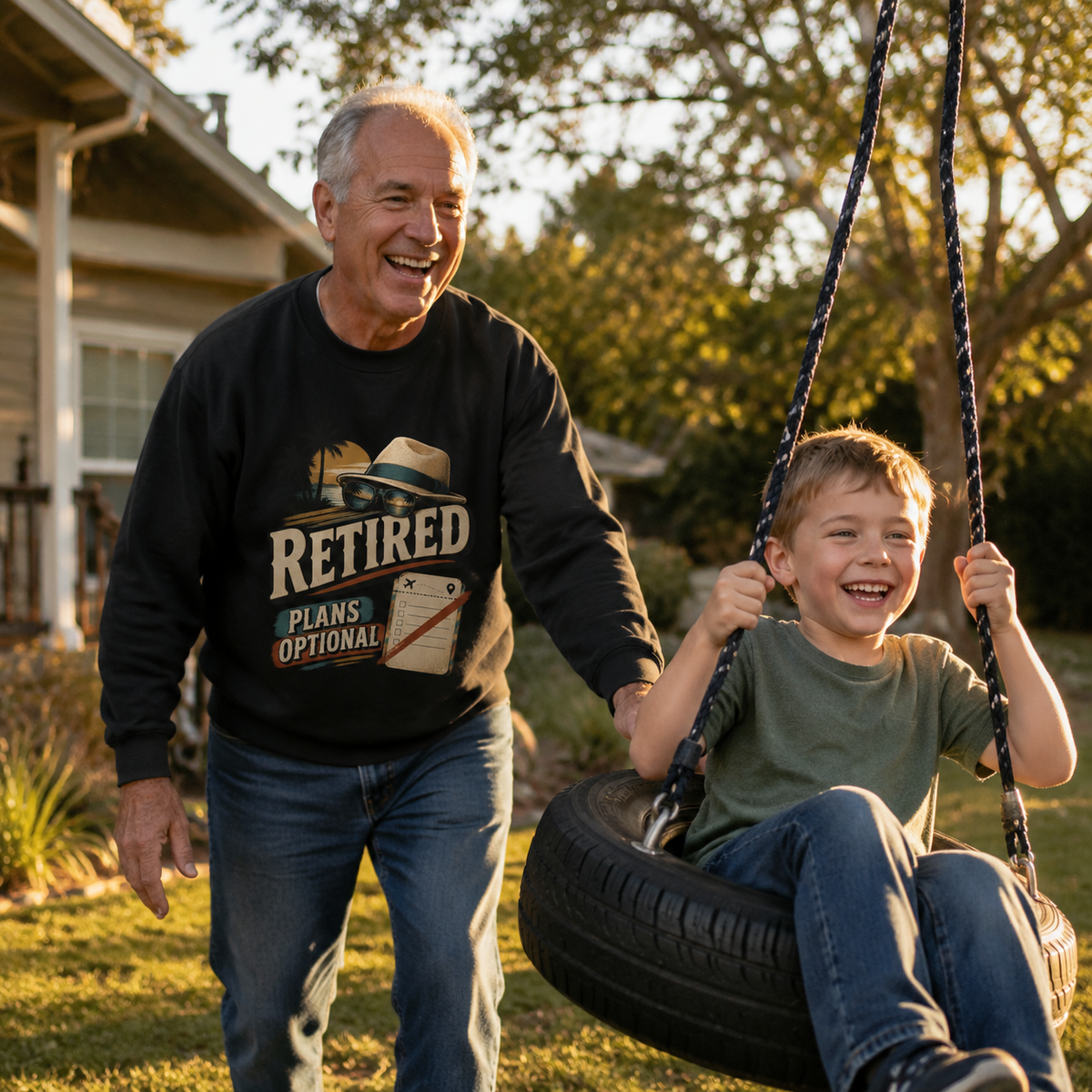 Senior man wearing black vintage sweatshirt with printed Retired Plans Optional design outdoors