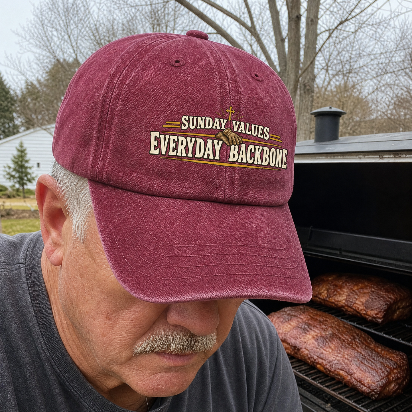 Sunday Values Everyday Backbone vintage washed cap with printed slogan, lifestyle view