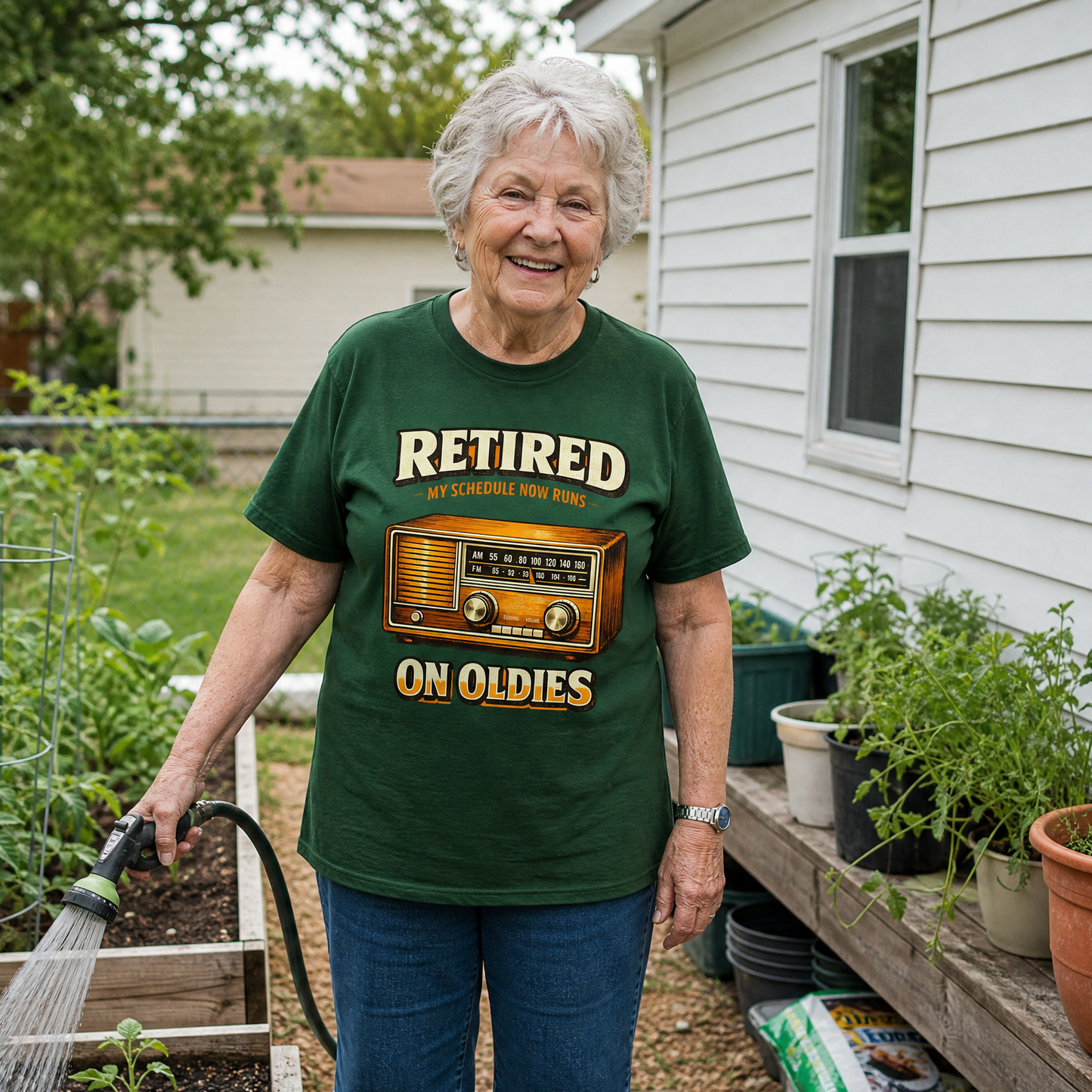 39 Schedule Runs on Oldies printed vintage T-shirt, lifestyle view with retro graphic design