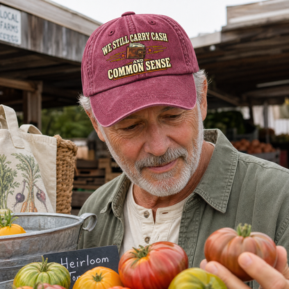 Vintage washed cap printed with “We Still Carry Cash And Common Sense,” worn by senior