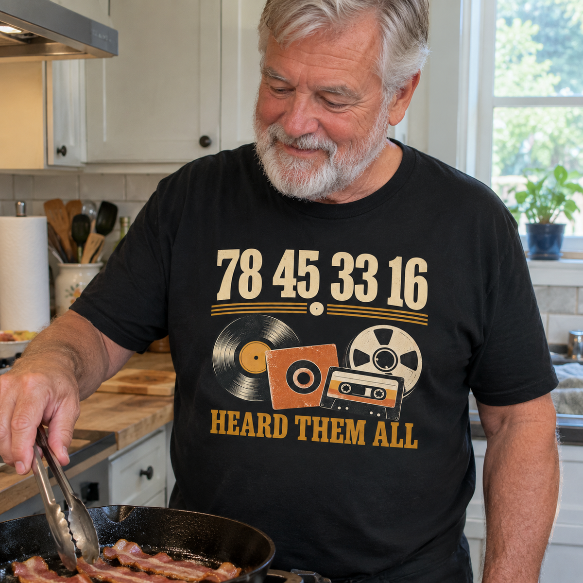 Senior man wearing black vintage t-shirt with printed 78 45 3316 Heard Them All design