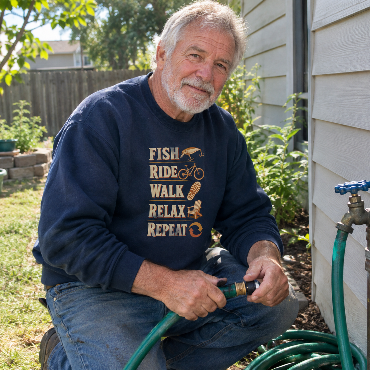 Senior man wearing navy vintage sweatshirt with Fish Ride Walk Relax Repeat printed design, outdoors in garden setting