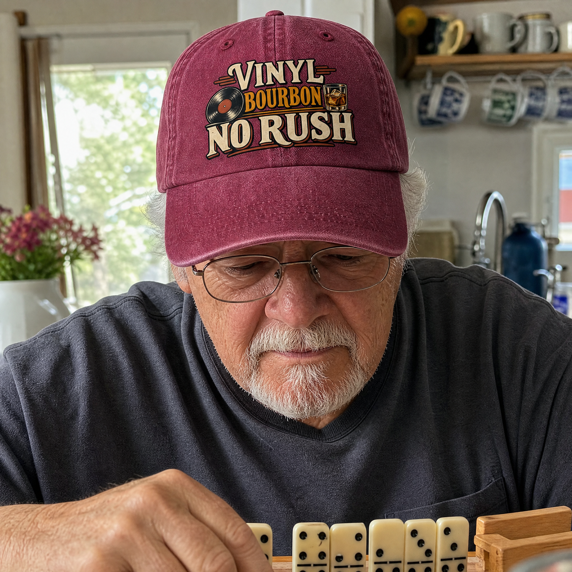 Senior wearing vintage washed cap with Vinyl Bourbon. No Rush printed design