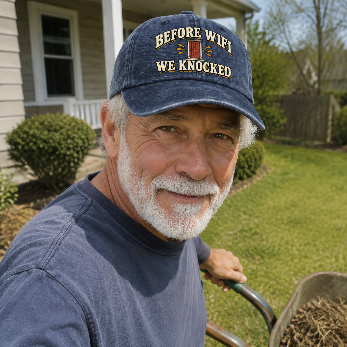 Senior man wearing vintage washed cap with printed Before Wifi We Knocked slogan outdoors