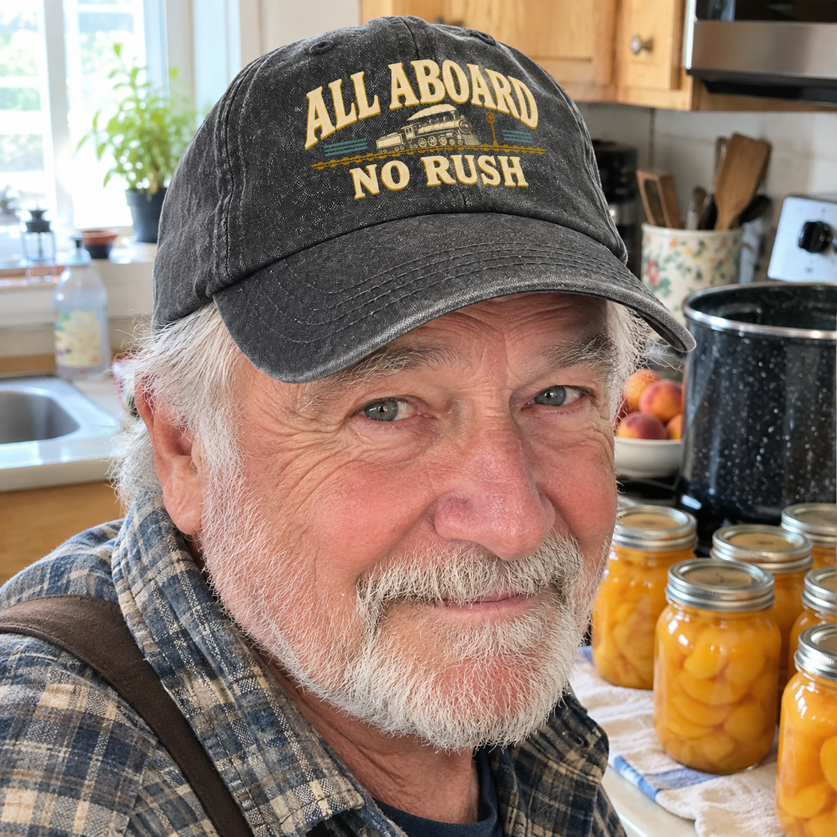 Senior wearing vintage washed cap with All Aboard. No Rush printed design