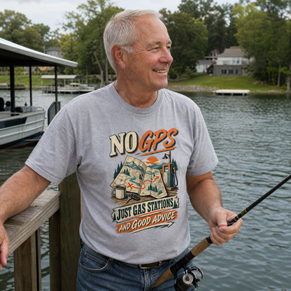 Senior man wearing gray vintage t-shirt with No GPS Just Gas Stations design by lake