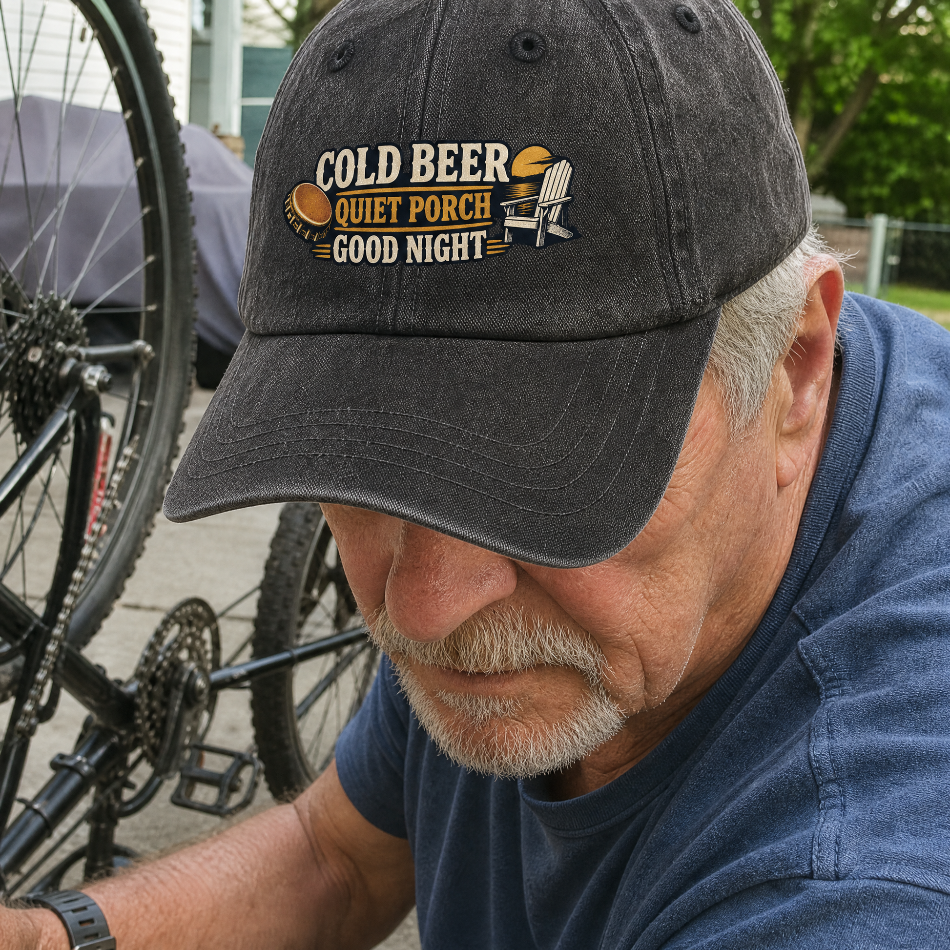 Senior man wearing black vintage washed cap with Cold Beer Quiet Porch Good Night print