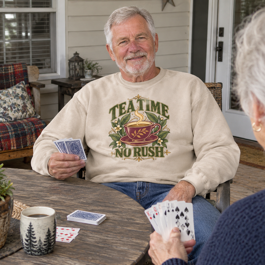 Senior man wearing cream vintage sweatshirt with “Tea Time. No Rush” printed design, playing cards outdoors