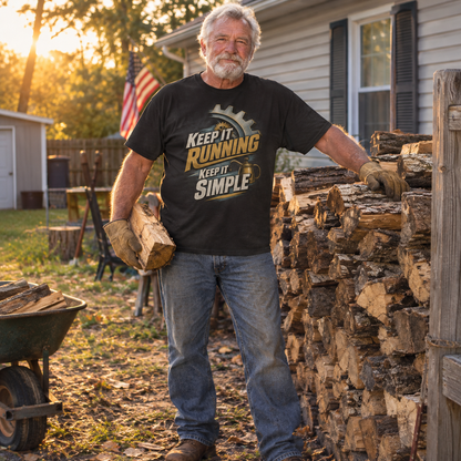Senior man wearing black vintage t-shirt with Keep It Running Keep It Simple printed design