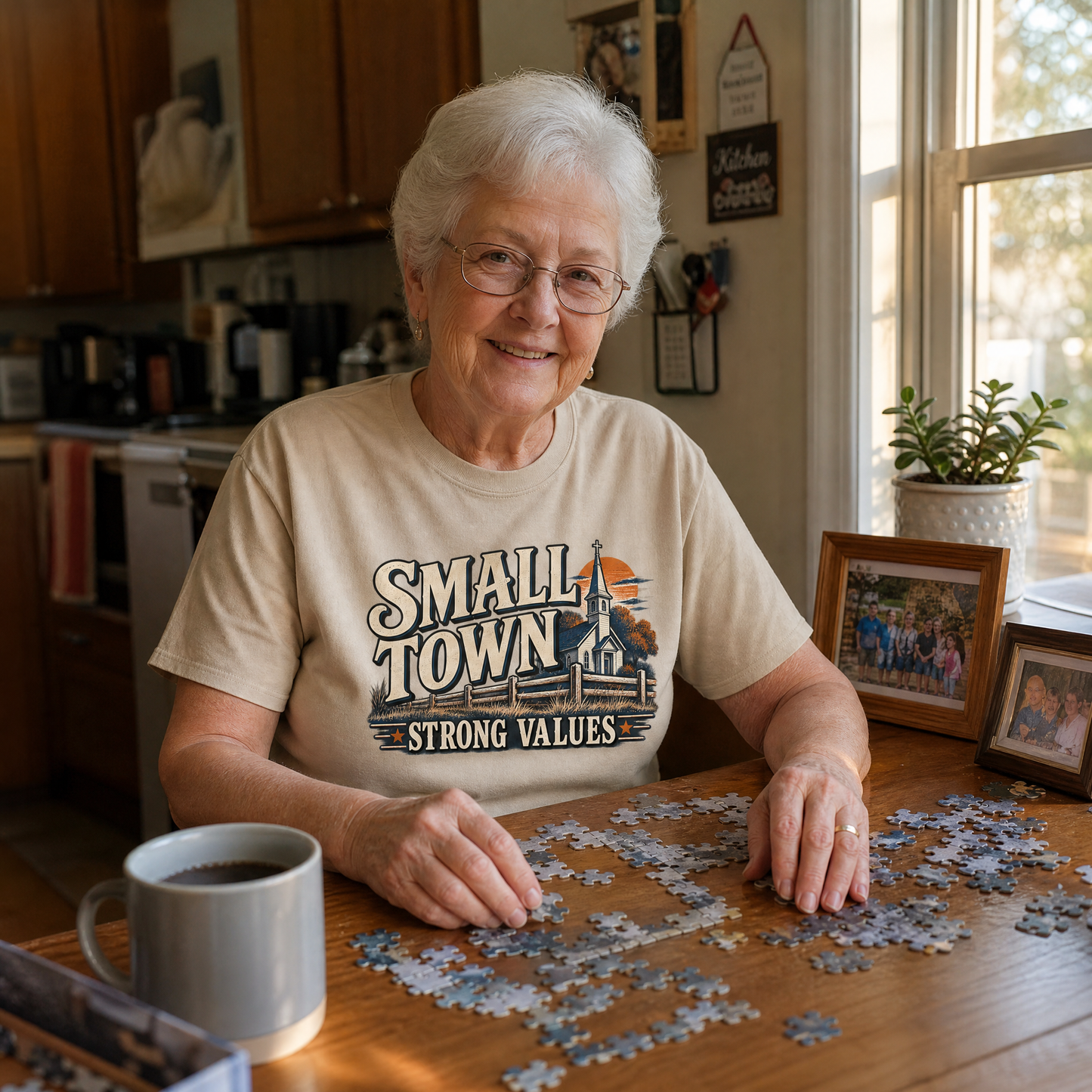 Senior wearing vintage t-shirt with Small Town Strong Values printed design