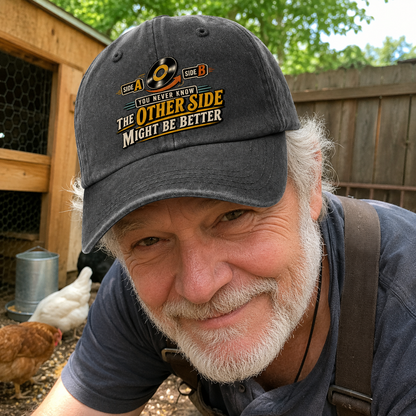Senior man wearing black vintage washed cap with printed You Never Know slogan outdoors