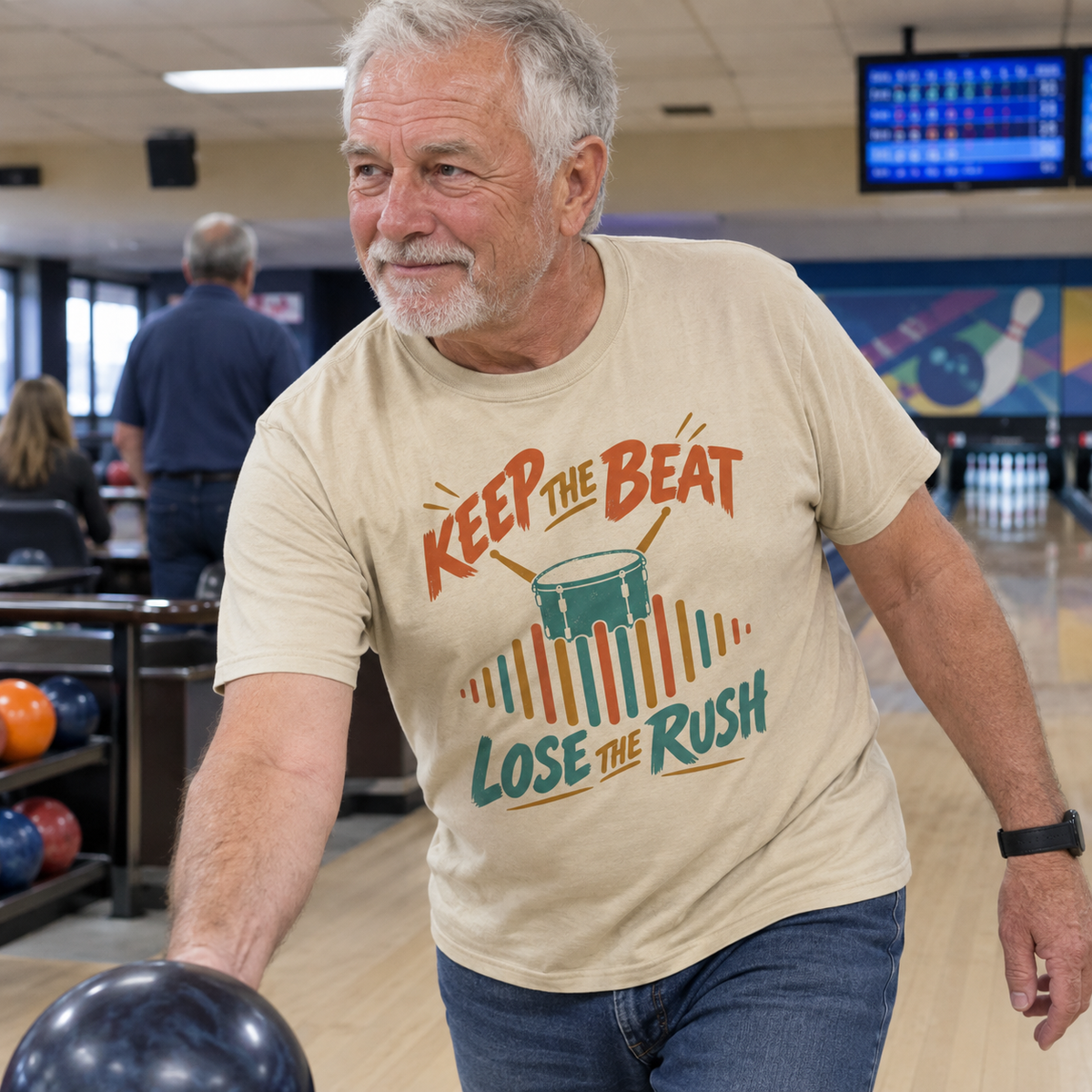 Beige vintage t-shirt with Keep The Beat. Lose The Rush print worn by senior man bowling