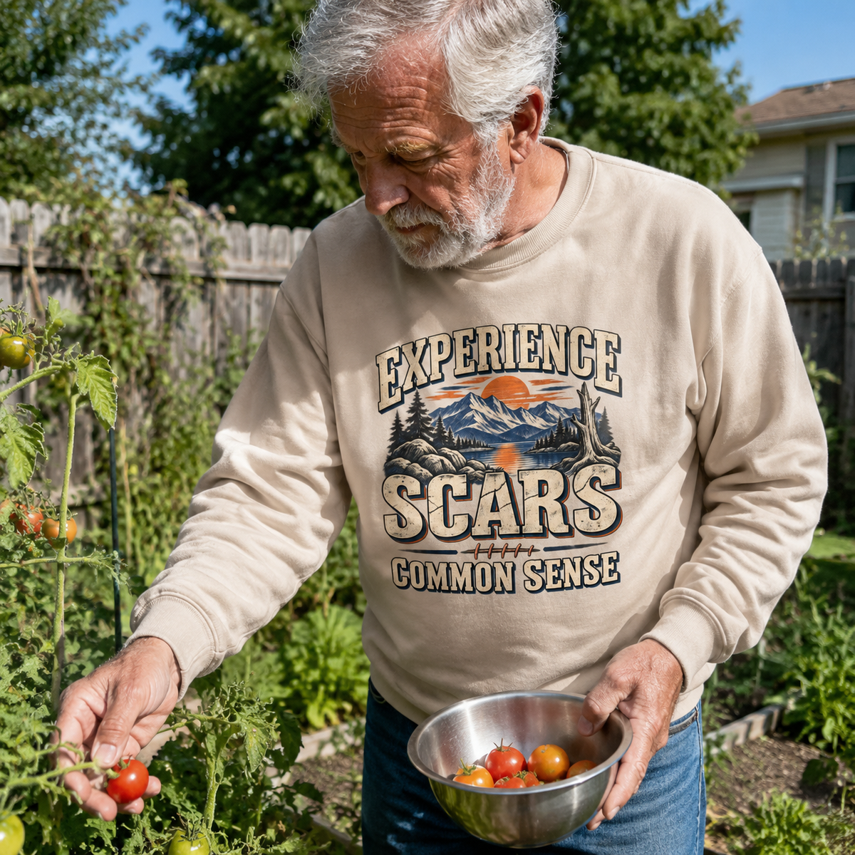 Senior man wearing beige vintage sweatshirt with printed Experience Scars Common Sense design gardening outdoors