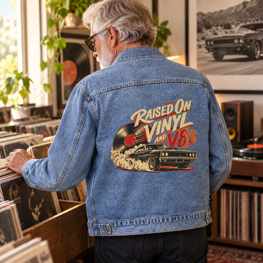 Senior man in a record store wearing denim jacket with Raised on Vinyl and V8s printed on the back
