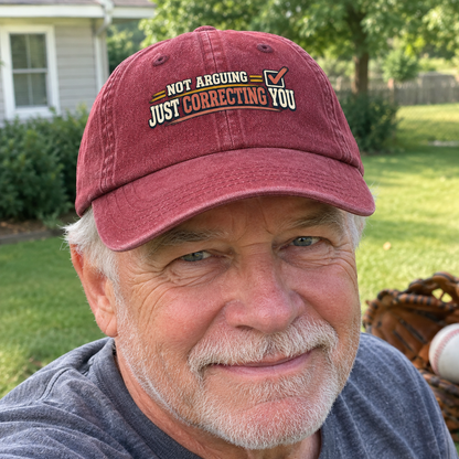 Vintage washed cap with printed Not Arguing Just Correcting You slogan on senior man outdoors