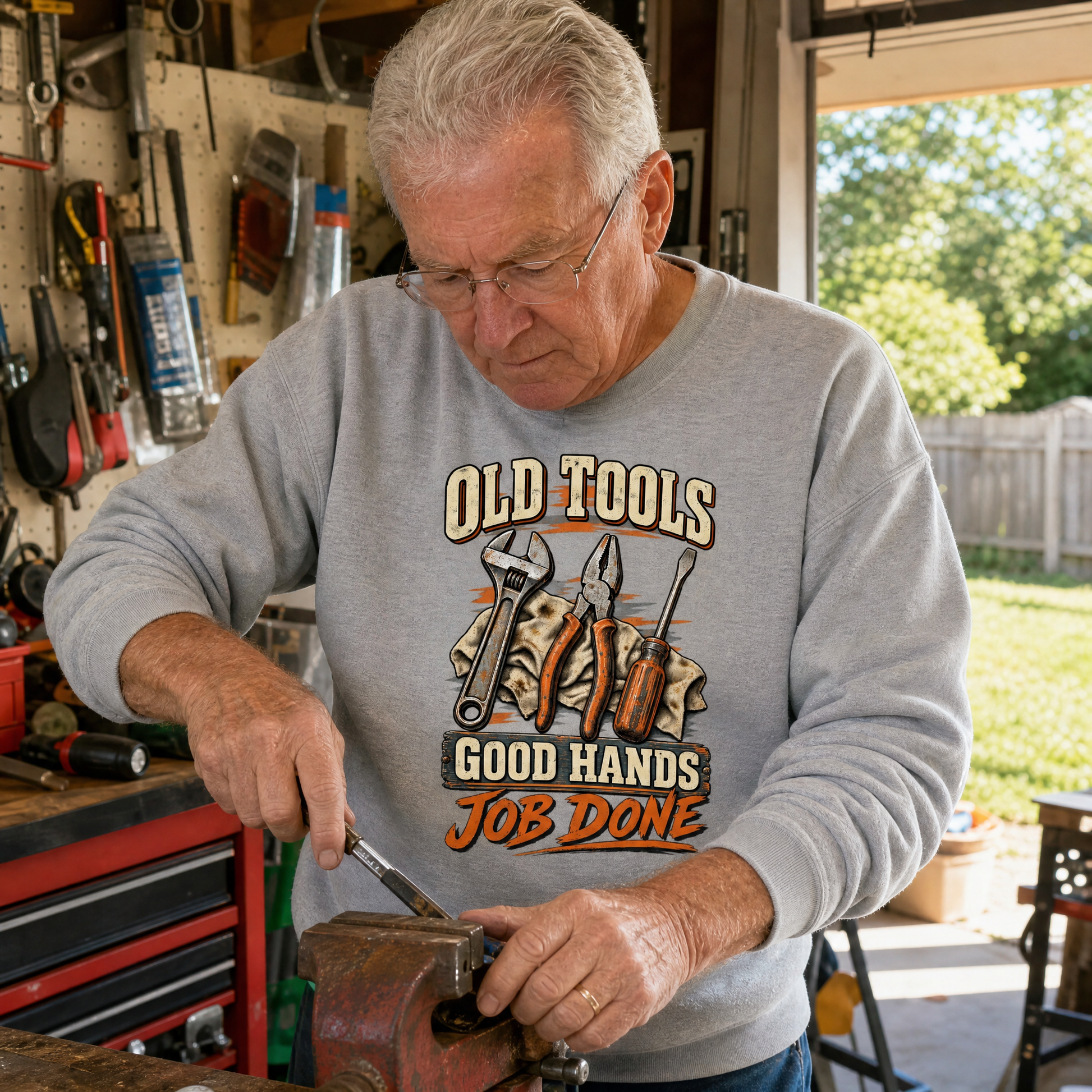 Senior man wearing gray vintage sweatshirt with Old Tools Good Hands Job Done printed design