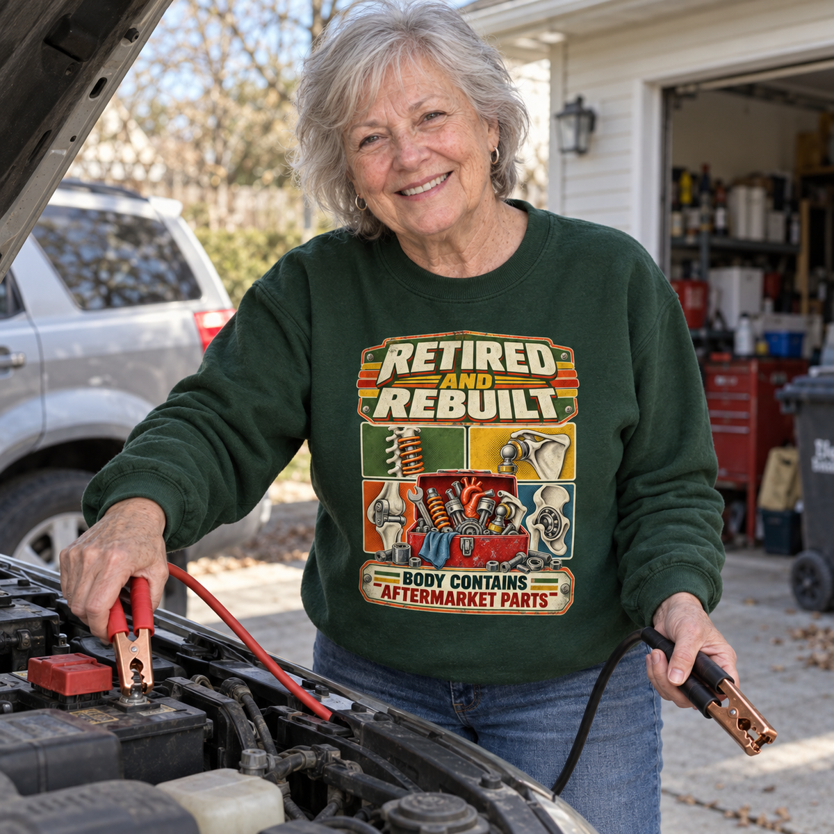 Senior woman in green vintage sweatshirt with printed aftermarket parts slogan, holding jumper cables.