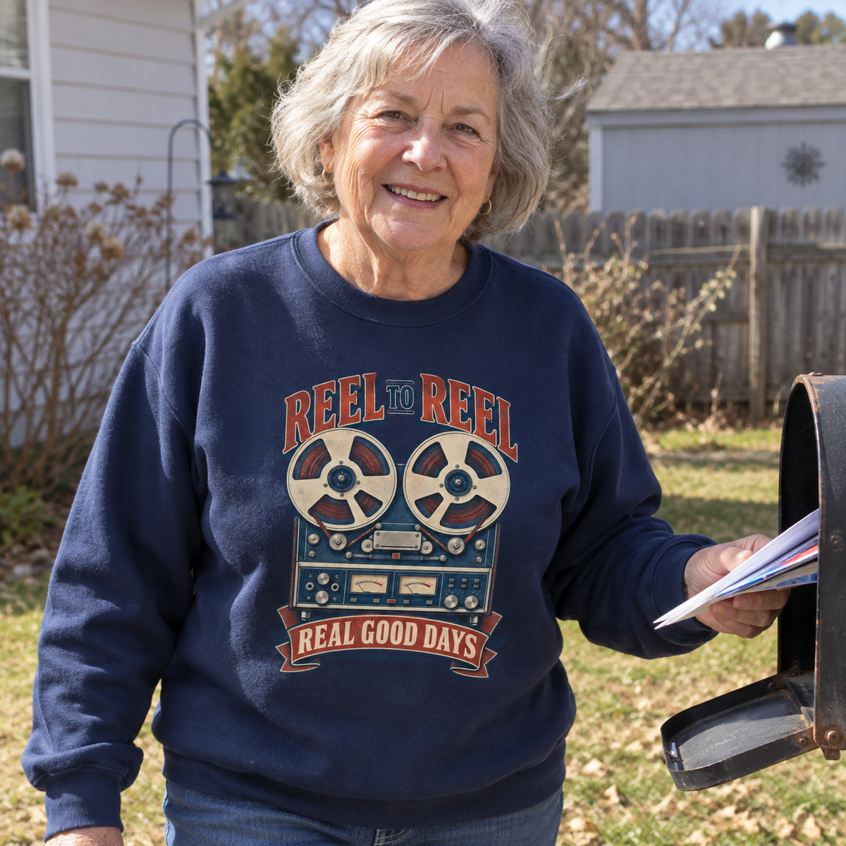 Senior woman outdoors wearing navy vintage sweatshirt printed with Reel To Reel Real Good Days