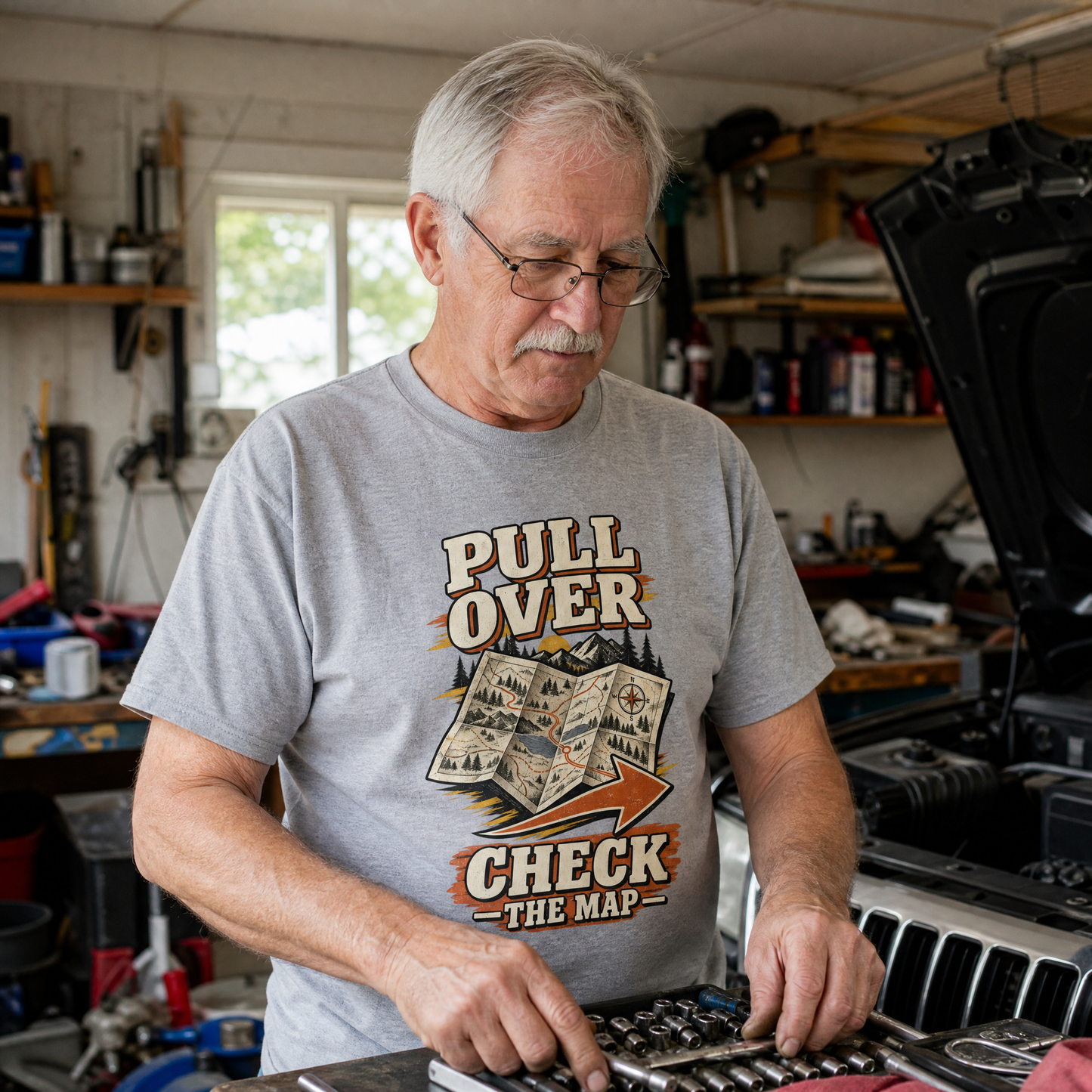 Senior man wearing gray vintage t-shirt with printed Pull Over Check The Map design