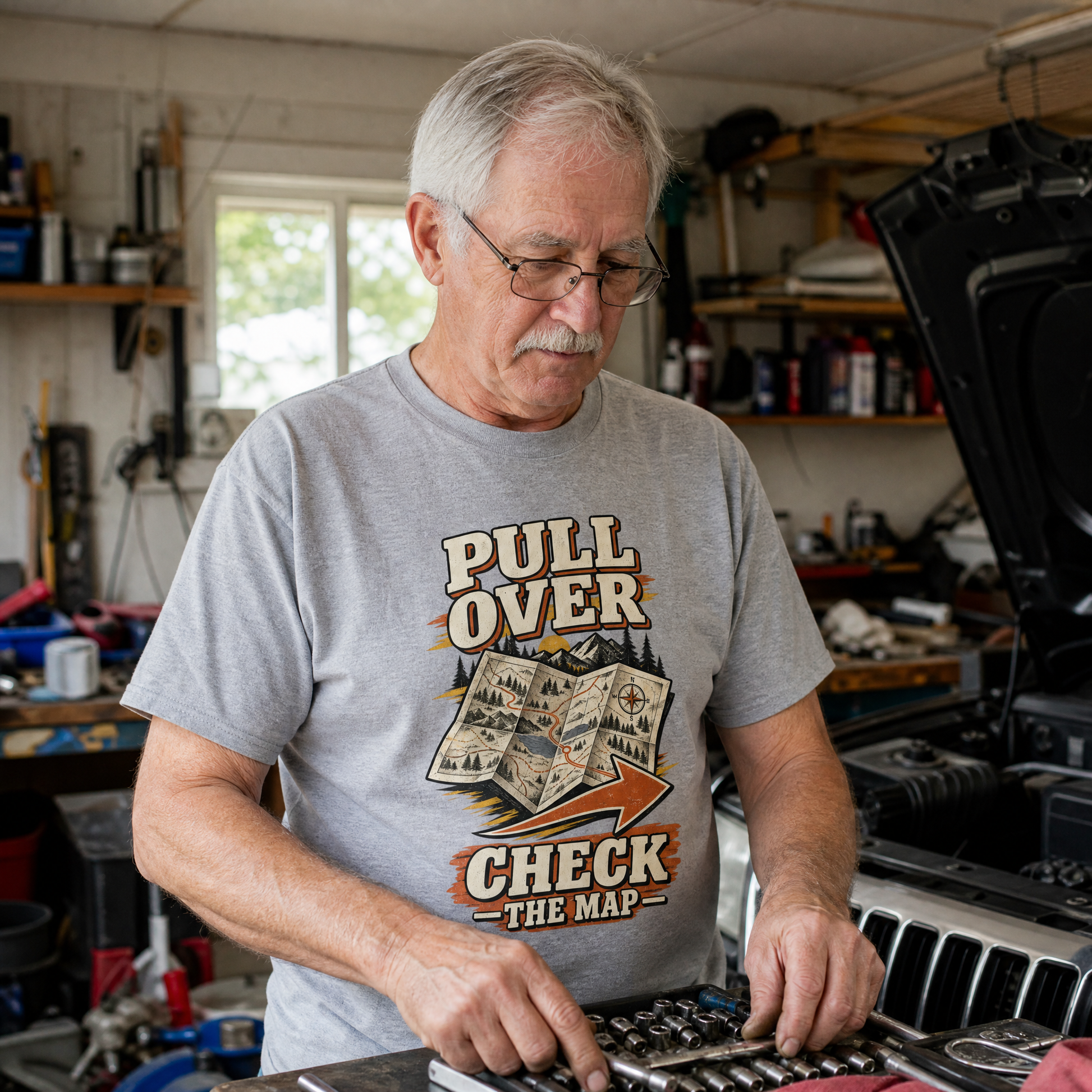 Senior man wearing gray vintage t-shirt with printed Pull Over Check The Map design