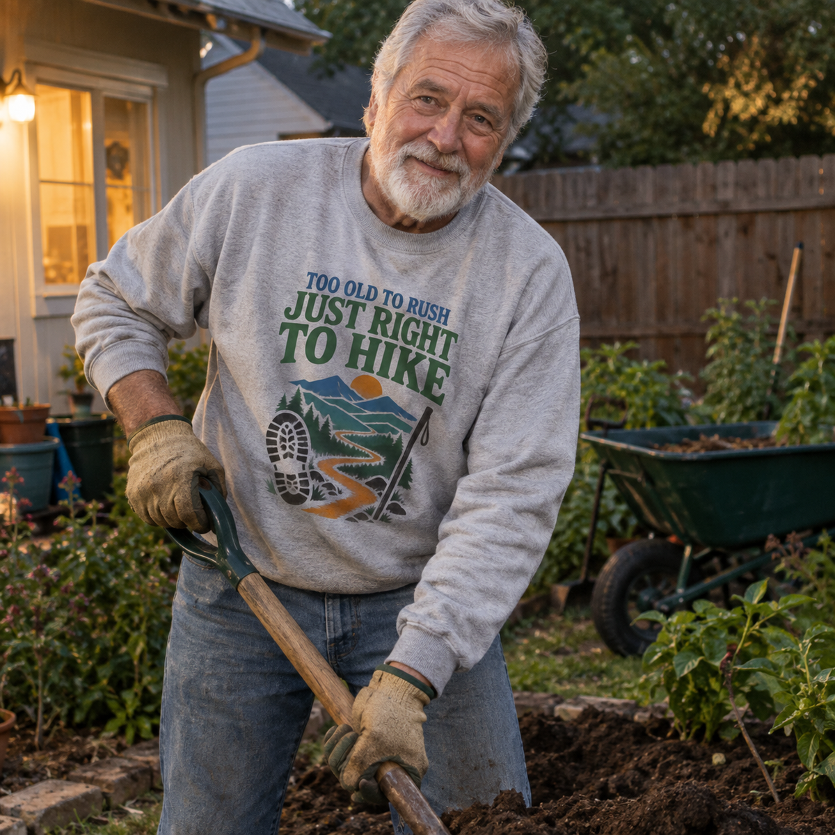 Vintage sweatshirt with printed Too Old To Rush slogan, worn by senior man gardening outdoors.