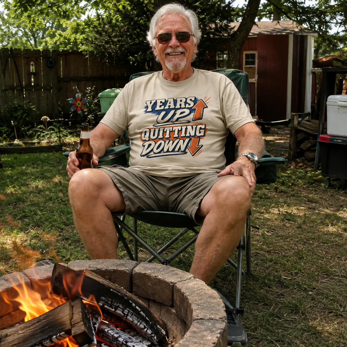 Senior man wearing beige vintage t-shirt with Years Up Quitting Down print by campfire