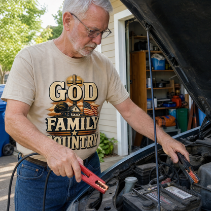 Senior man wearing beige vintage t-shirt with printed God Family Country design while repairing car